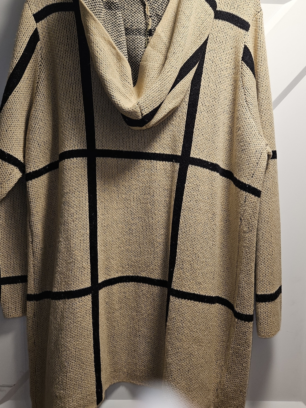 Women's Hooded Grid Cardigan Sweater - Beige and Black